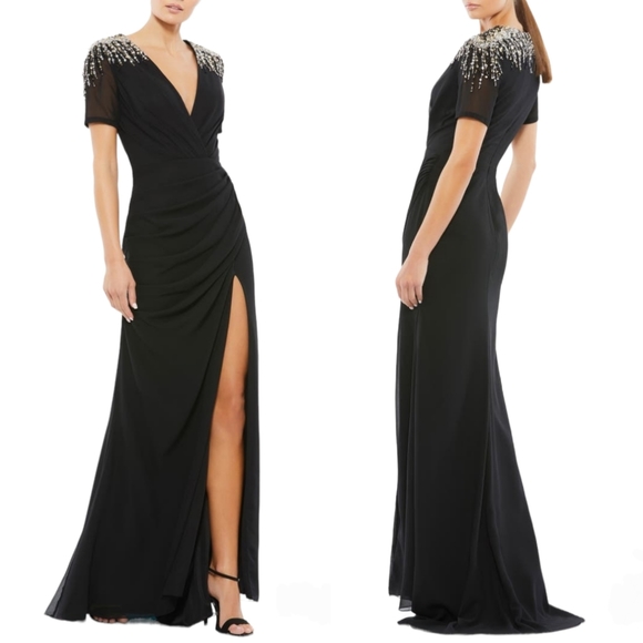 🆕️ Leena for Mac Duggal Ruched V-Neck Sequin Shoulder Gown - Picture 14 of 14